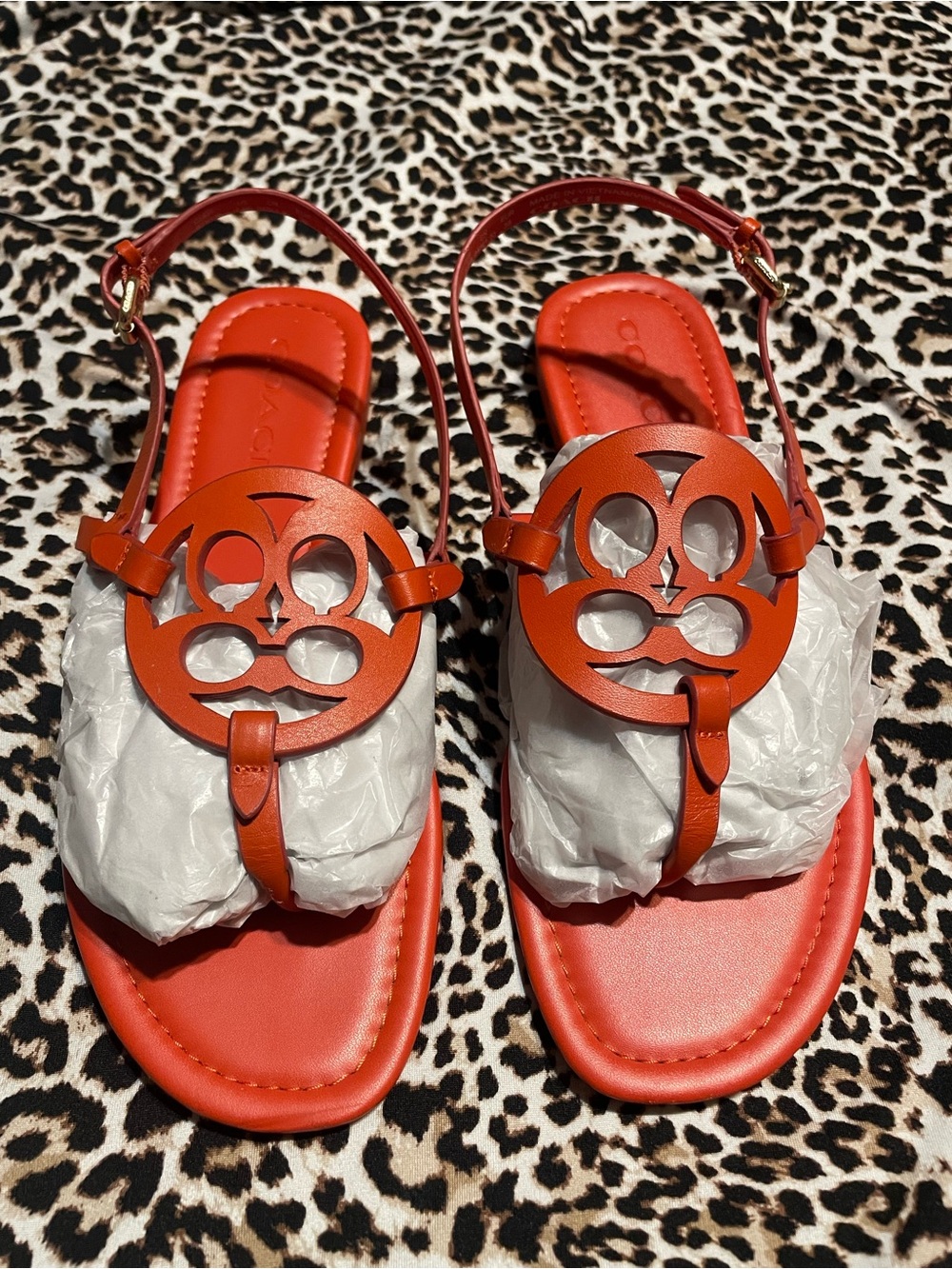 Coach Orange Leather Logo Cutout T-Strap Sandals